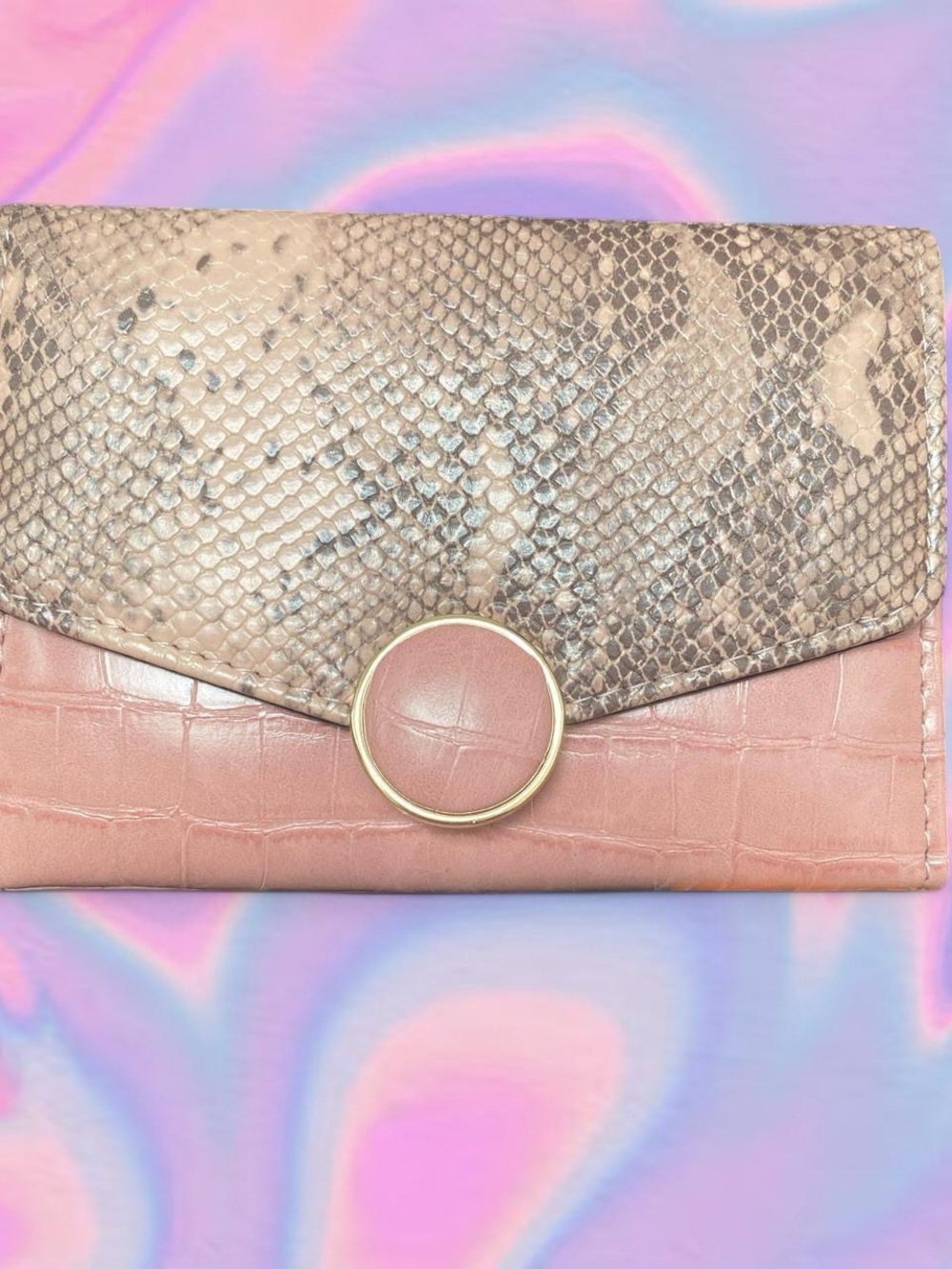 Pink Croc-Embossed & Snakeskin Envelope Clutch with Gold Accent